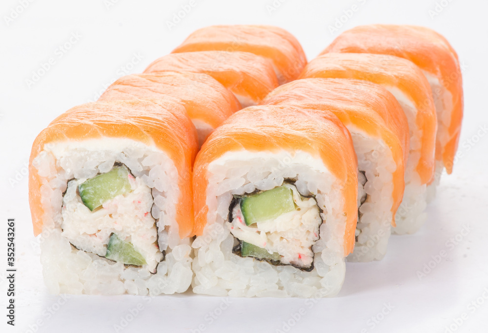 Tasty fresh sushi rolls isolated on white background. Japanese cousine, asian food. Seafood, fish, rice Tasty fresh sushi rolls isolated on white background. Japanese cousine, asian food. Seafood, fish, rice
