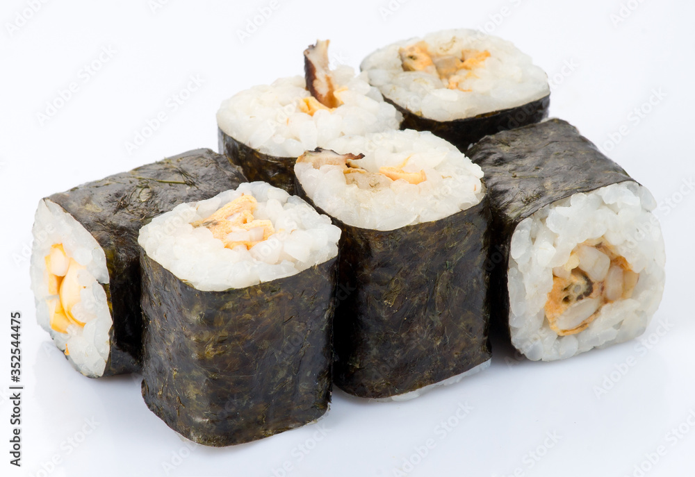 Tasty fresh sushi rolls isolated on white background. Japanese cousine, asian food. Seafood, fish, rice Tasty fresh sushi rolls isolated on white background. Japanese cousine, asian food. Seafood, fish, rice