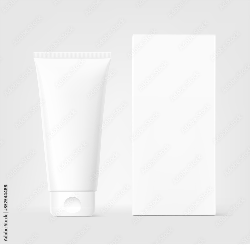 Blank plastic tube for cosmetics with cardboard box mockup. Front view. Vector illustration on grey background. Can be use for your design, advertising, promo and etc. EPS10.	
