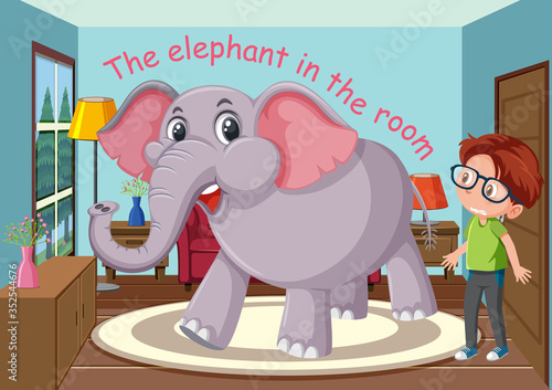 English idiom with picture description for elephant in the room on white background