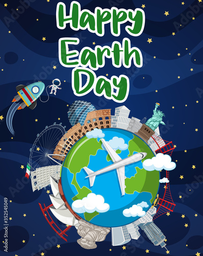 Fototapeta Naklejka Na Ścianę i Meble -  Earth day poster design with buildings on earth