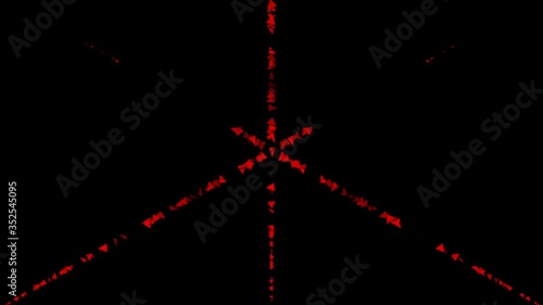 Moving cross lines of red triangles on a black background, abstract moving background