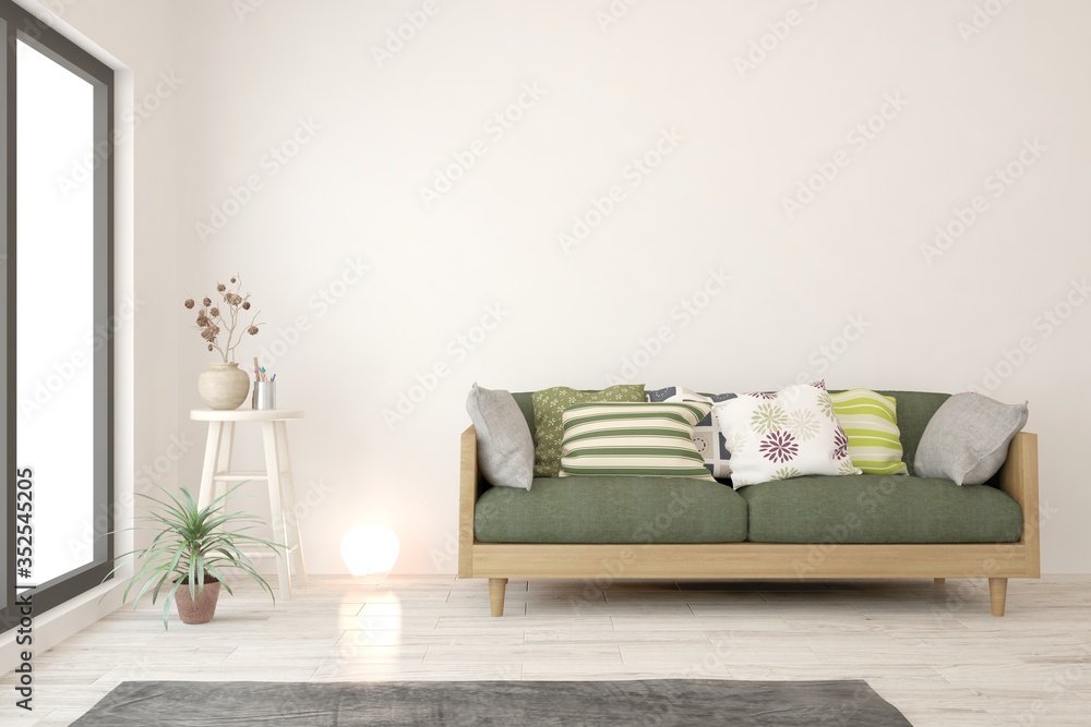 White living room with wooden sofa. Scandinavian interior design. 3D illustration White living room with wooden sofa. Scandinavian interior design. 3D illustration