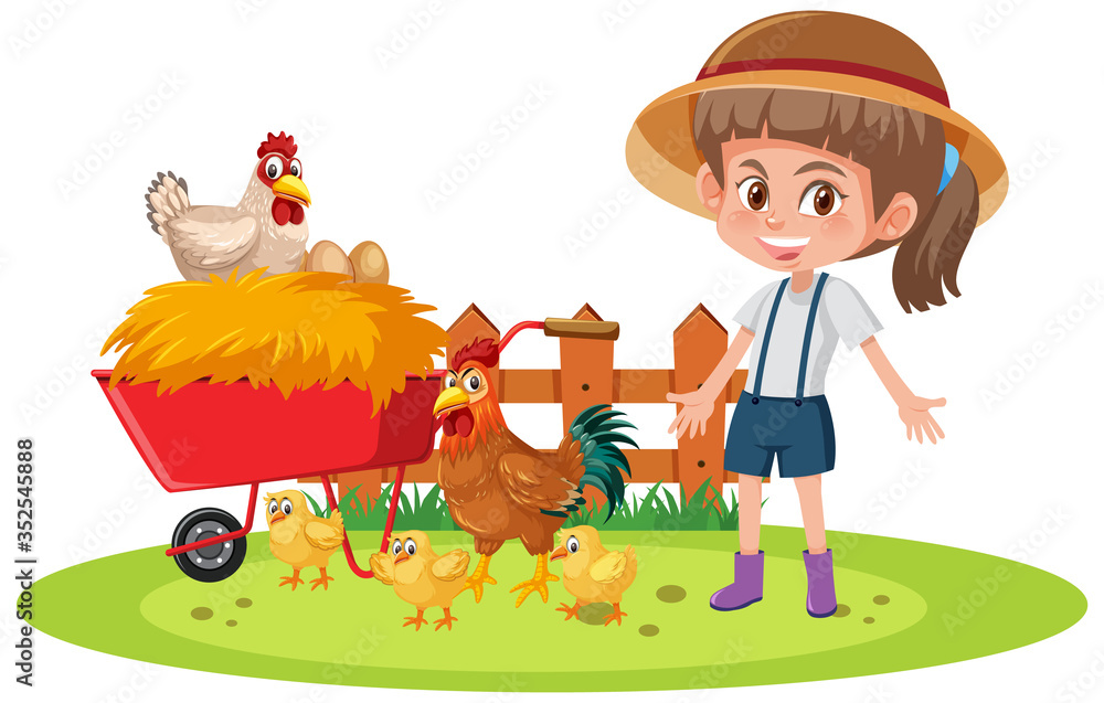 Fototapeta premium Scene with farmgirl and many chickens on white background