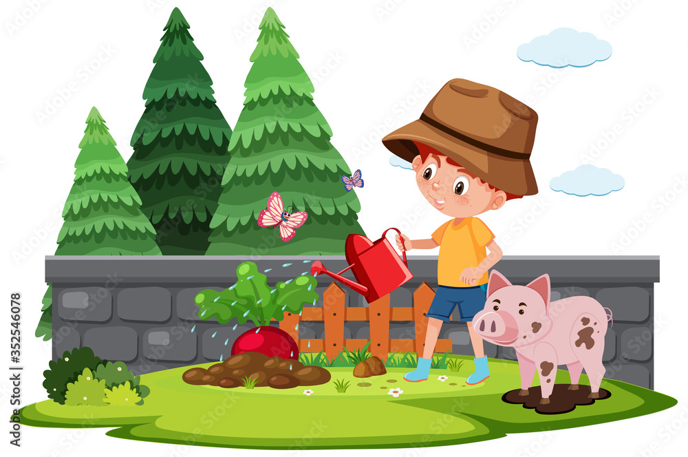 Naklejka premium Farm scene with boy watering vegetable in the garden