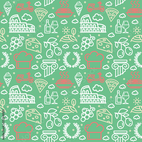 Italy Signs Seamless Pattern Background on a Green. Vector