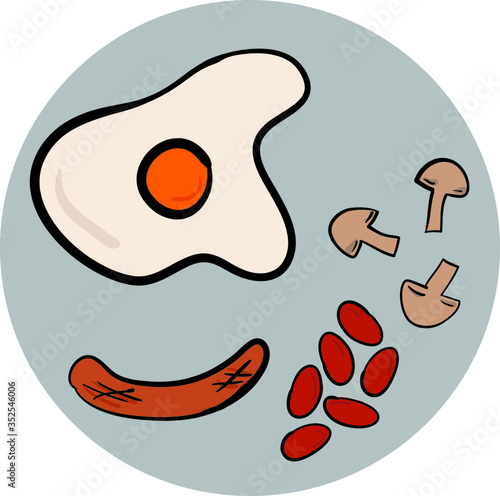 Food sketching english breakfast fried eggs, mushrooms, sausage, beans. Vector illustration of a traditional English breakfast.