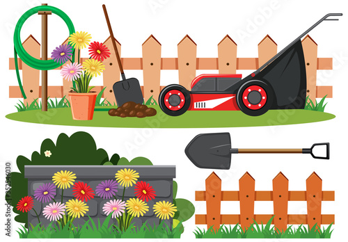 Scene with lawnmower and flowers in the garden