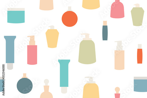 Self-care containers seamless pattern. Repetitive vector illustration of various self-care containers, bottles and jars on transparent background.
