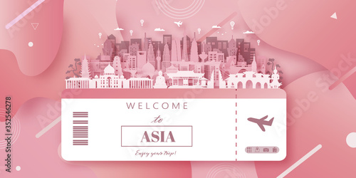 Asia Landmarks Travel postcard, poster, tour advertising of world famous landmarks. Vectors illustrations