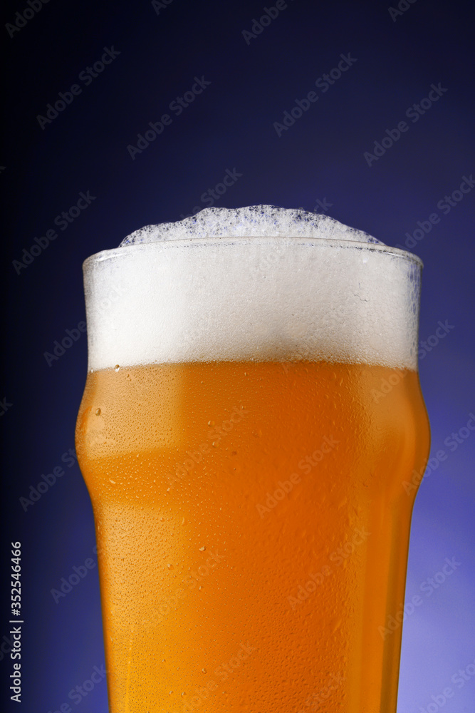 A pint of beer with foam in a glass with water drops on a dark background with gradient lighting A pint of beer with foam in a glass with water drops on a dark background with gradient lighting