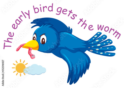English idiom with picture description for early bird gets the worm on white background