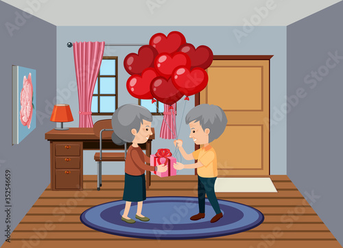 Background scene old couple with gift and balloons