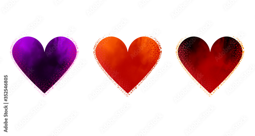 Multicolored set of romantic hearts in 3d. Gold, pink, red, purple, orange, pink and purple colors. Volumetric sign of heart. Happy Valentine's Day. Vector stock illustration. 
