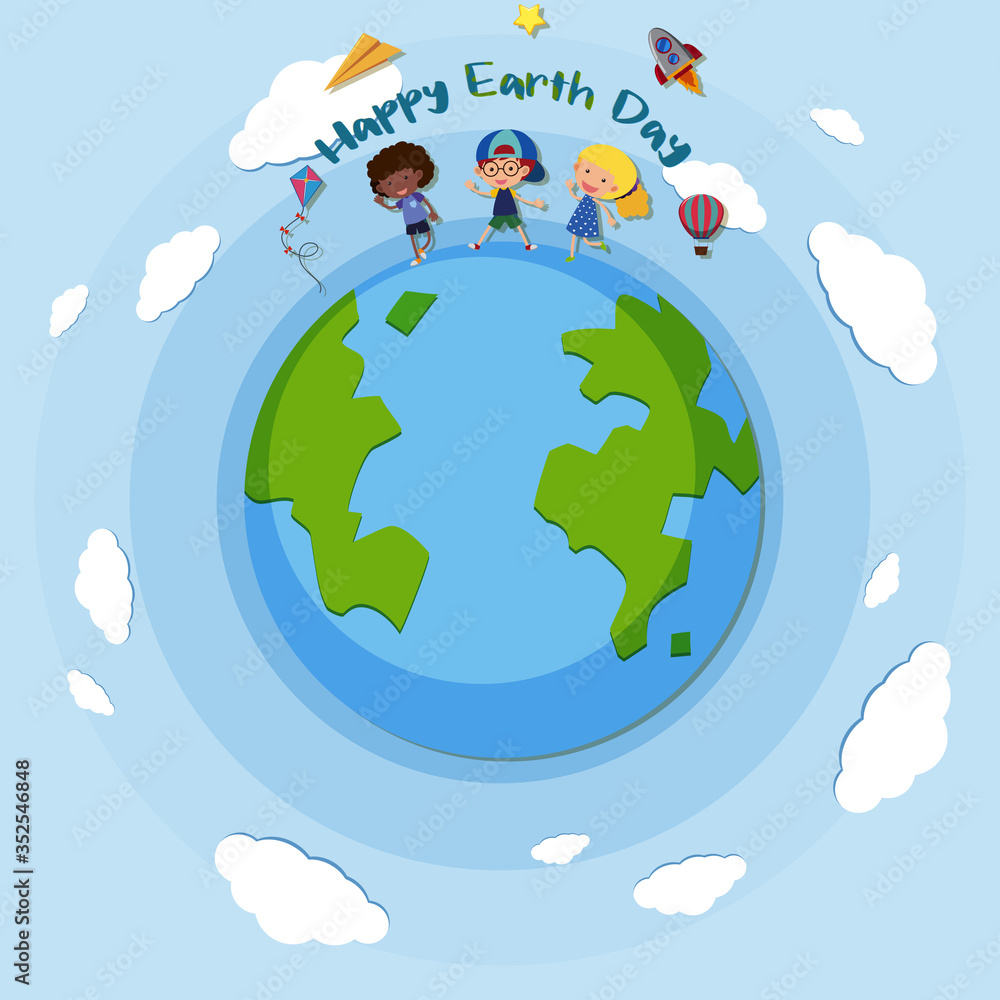 Fototapeta premium Poster design for happy earth day with children on earth