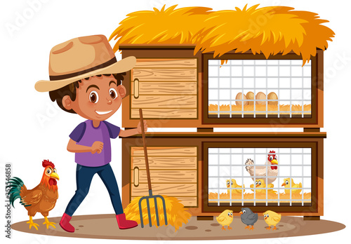 Farmer and chickens on white background