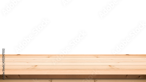 Empty table top  made with planks on isolated whitebackground die-cut with clipping parth for mock up your products
 photo