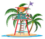 Girl standing on life guard station on the tropical island cartoon character on white background