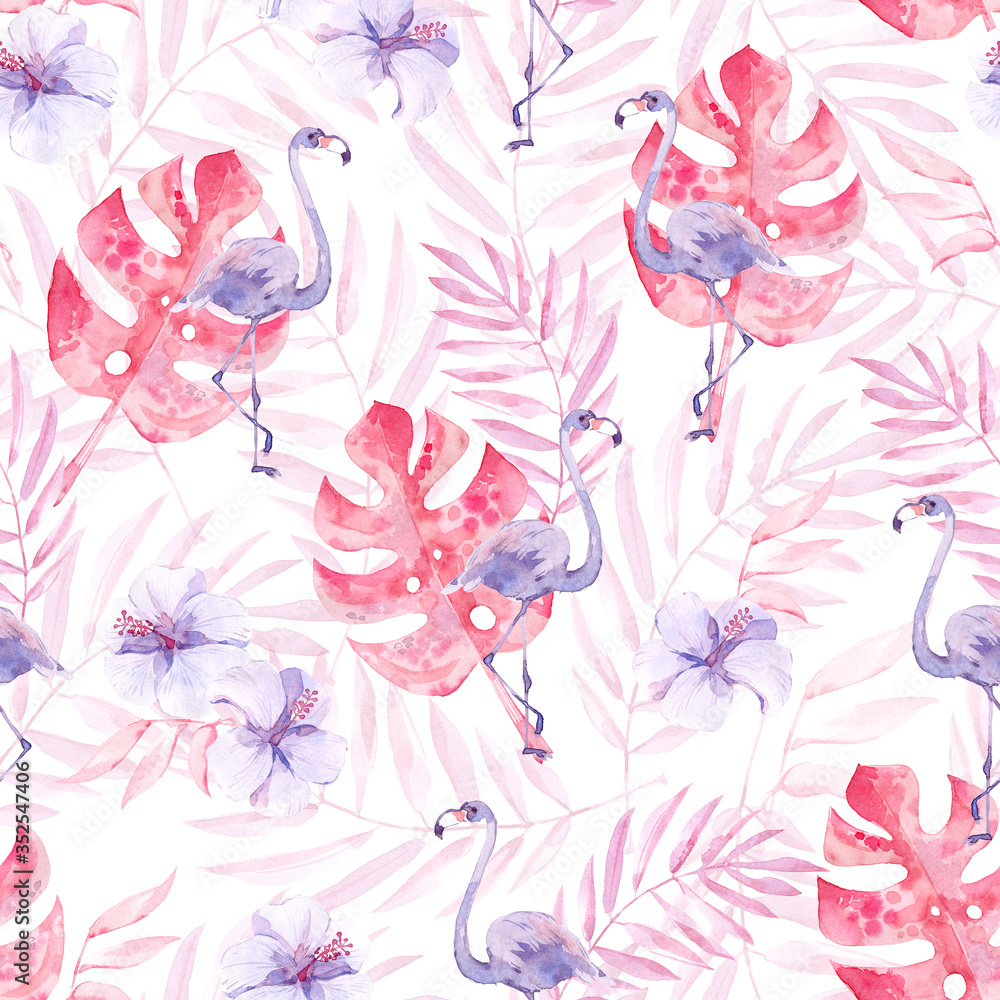 Watercolor seamless pattern with tropic birds flamingos and jungle plants and flowers.