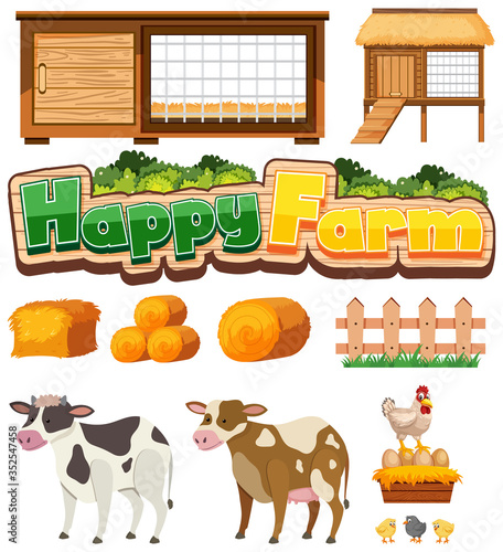 Farming set with chicken coops and farm animals on white background
