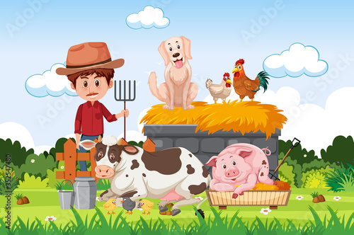 Farm scene with famer and animals on the farm