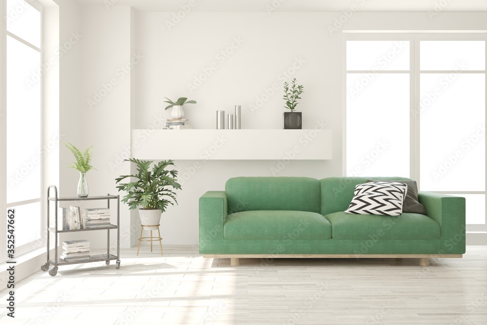 Fototapeta premium White living room with sofa. Scandinavian interior design. 3D illustration