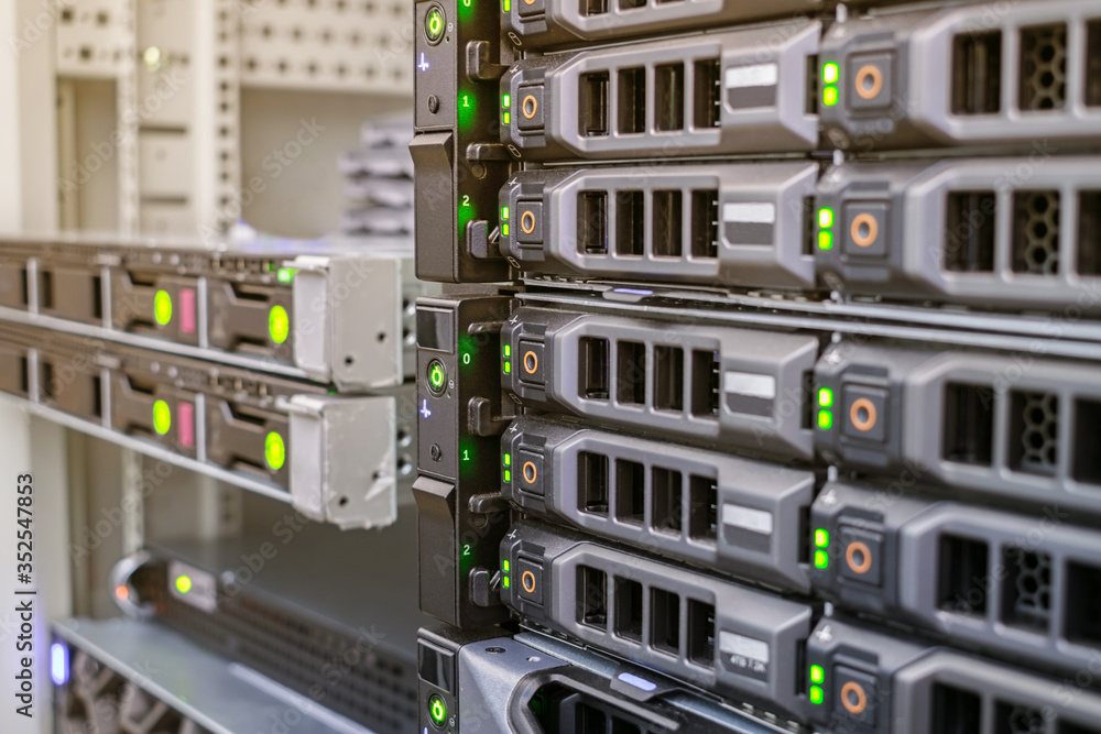 Computer equipment works in the server room. Powerful data servers are in the racks of the data center. Technology concept