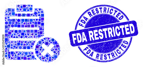 Geometric delete report page mosaic icon and FDA Restricted stamp. Blue vector round textured seal stamp with FDA Restricted caption. Abstract mosaic of delete report page created of round, triangles,