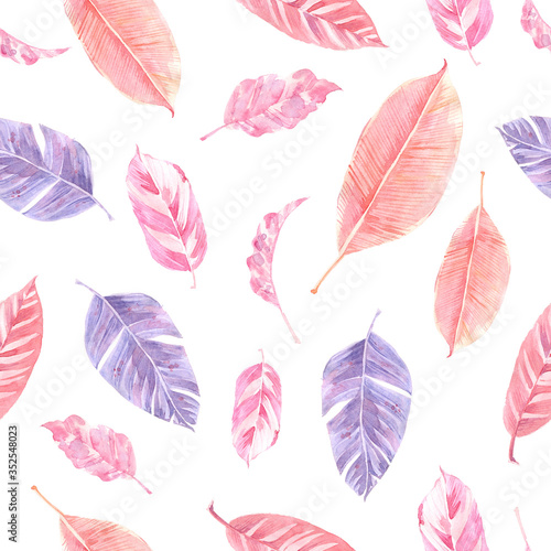 Watercolor seamless pattern with palm leaves, monstera leaves and exotic leaves. © dinkoobraz