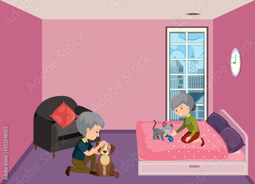 Background scene with old couple staying at home