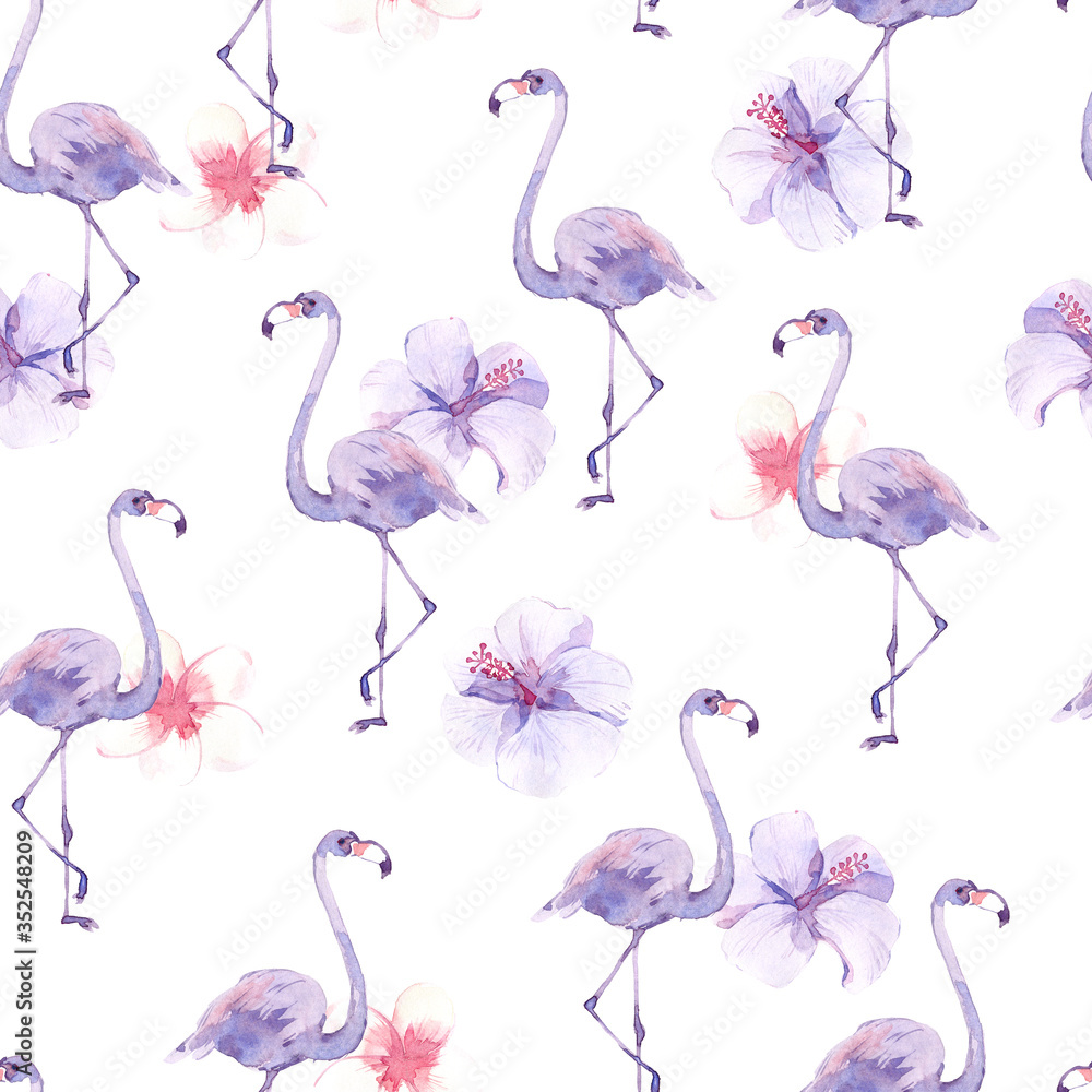 Watercolor seamless pattern with tropic birds flamingos and exotic flowers.