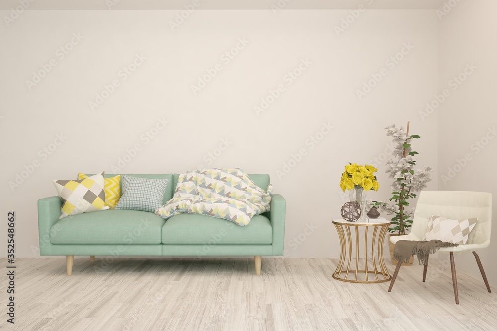 Fototapeta premium White living room with sofa. Scandinavian interior design. 3D illustration