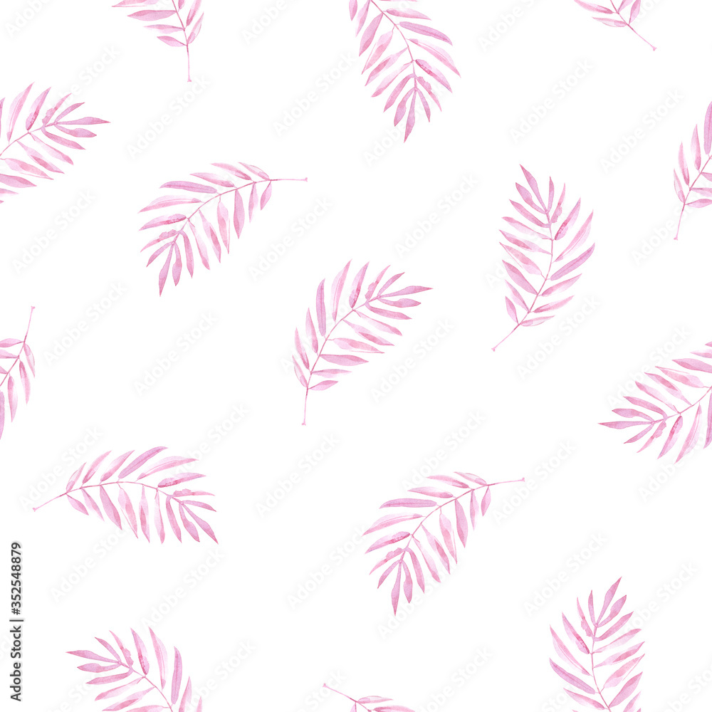 Watercolor seamless pattern with pink palm leaves.