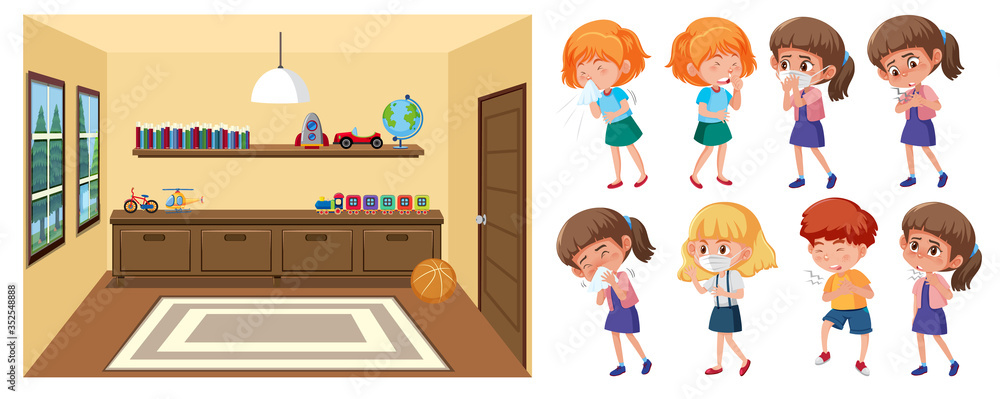 Background scene of classroom and set of sick boys and girls Background scene of classroom and set of sick boys and girls