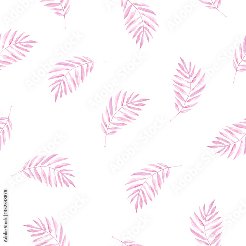 Watercolor seamless pattern with pink palm leaves.