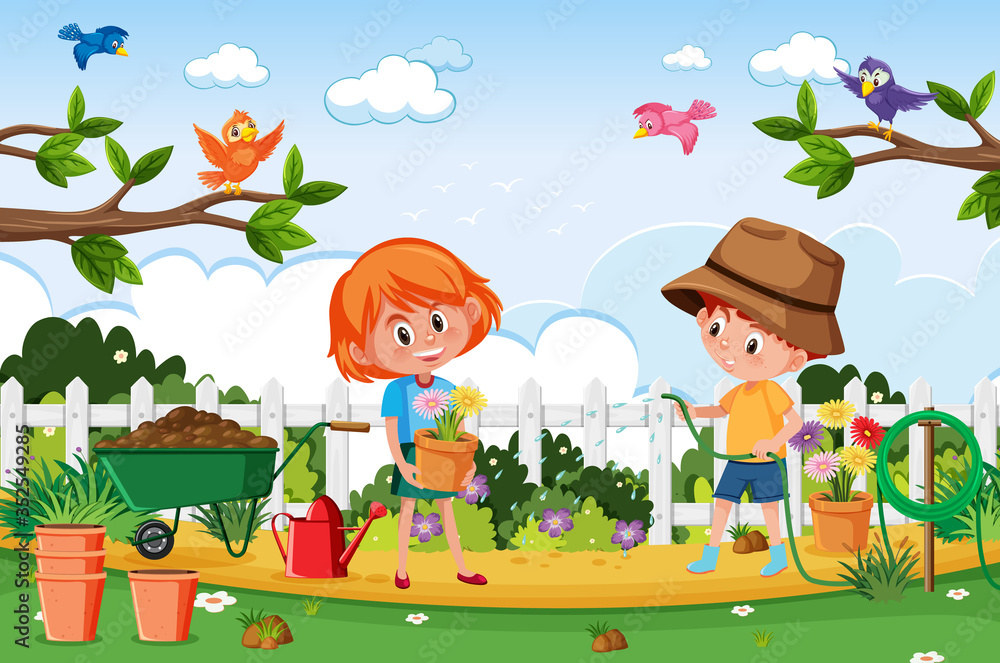 Fototapeta premium Background scene with kids planting in the park