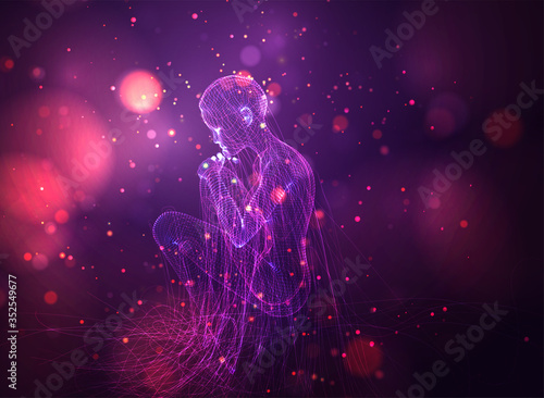 vector 3d girl from dots and splines, among wavy threads and circles on neon purple and pink background