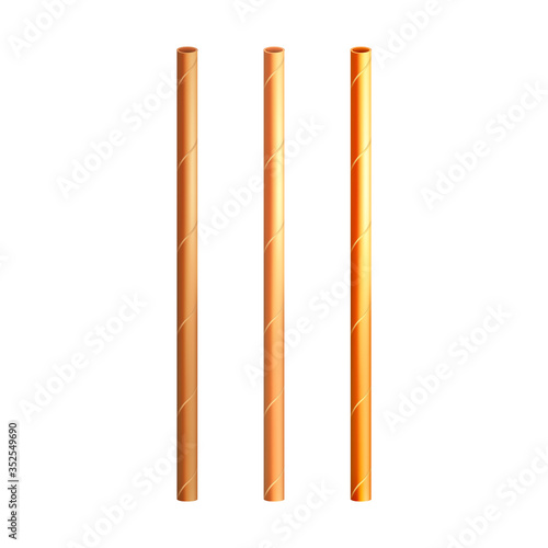 Straw Paper Drinking Pipe Accessory Set Vector. Cardboard Nature Ecology Clear Straw For Drink Beverage From Cup Or Bottle. Inflexible Straight Recycling Tube Template Realistic 3d Illustrations