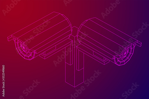 Modern video camera. Webcam viewing area. Safety, security concept. Wireframe low poly mesh vector illustration.