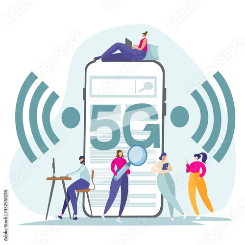 Flat vector illustration. Internet services of telecommunication systems. People work on the Internet, check mail, correspond. Wifi broadcast, mobile 5G signal.