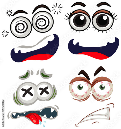 Set of different facial expressions on white background
