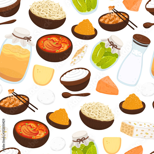 Vector seamless pattern with probiotic foods. Best sources of probiotics. Beneficial bacteria improve health. Background for label, header, brochure, menu, article about diet, healthy proper nutrition