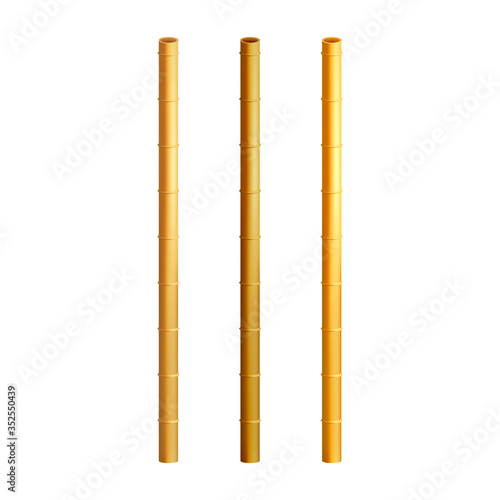 Straw Wooden Drinking Tube Accessory Set Vector. Bamboo Natural Eco Clean Straw For Drink Beverage From Cup Or Bottle. Inflexible Straight Recycling Pipe Layout Realistic 3d Illustrations