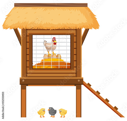 Chicken coop with chickens and eggs inside