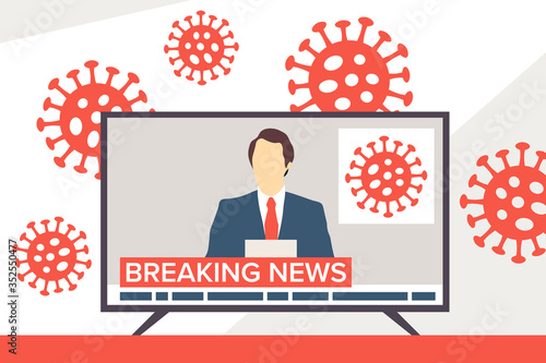 Coronavirus breaking news reader anchorman in television. COVID-19 news, media, journalism, press vector illustration.