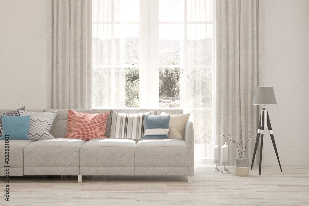 Fototapeta premium White living room with sofa. Scandinavian interior design. 3D illustration