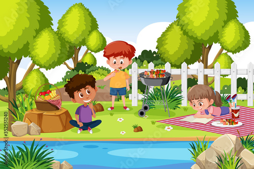 Background scene with kids eating in the park