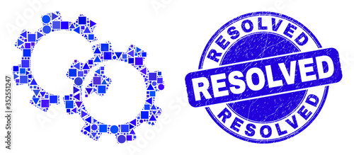Geometric gears mosaic pictogram and Resolved seal. Blue vector round distress seal with Resolved message. Abstract collage of gears made of round, triangles, square geometric spots.