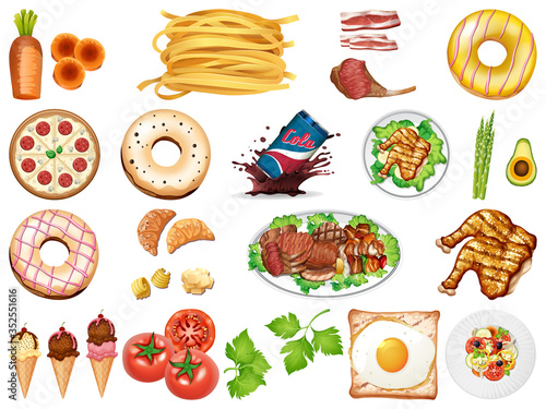 Large set of food and desserts on white background