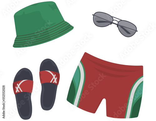 Men's beach set. Fashionable things in cartoon style.